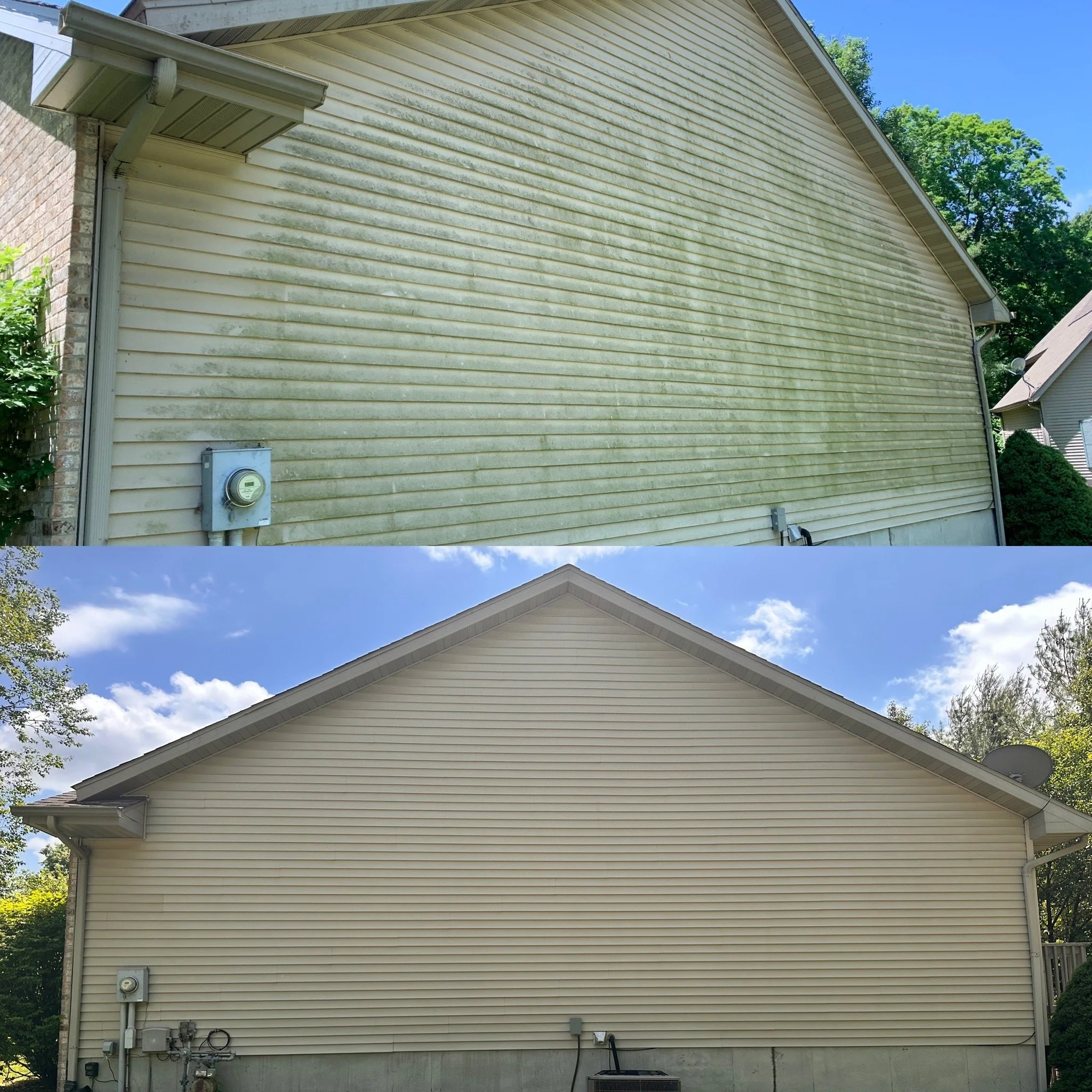 House exterior before and after professional cleaning
